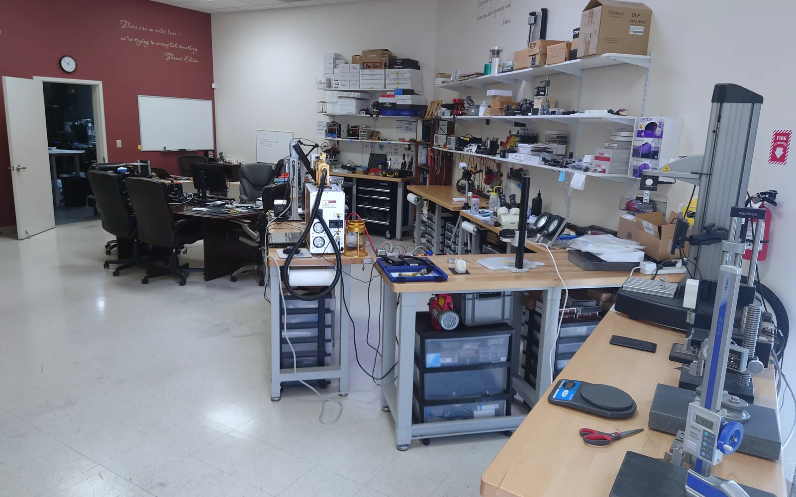 Main office workspace used for brainstorming, measurement, and project discussion
